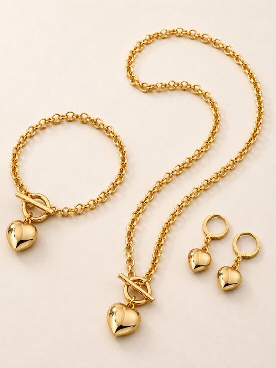 Jewelry - 3pc Gold Heart Charm Jewelry Set Stainless Steel Necklace Bracelet Earrings